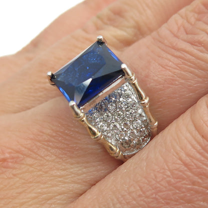 FADI 925 Sterling Silver Lab-Created Sapphire & C Z Bamboo Ring Size 7