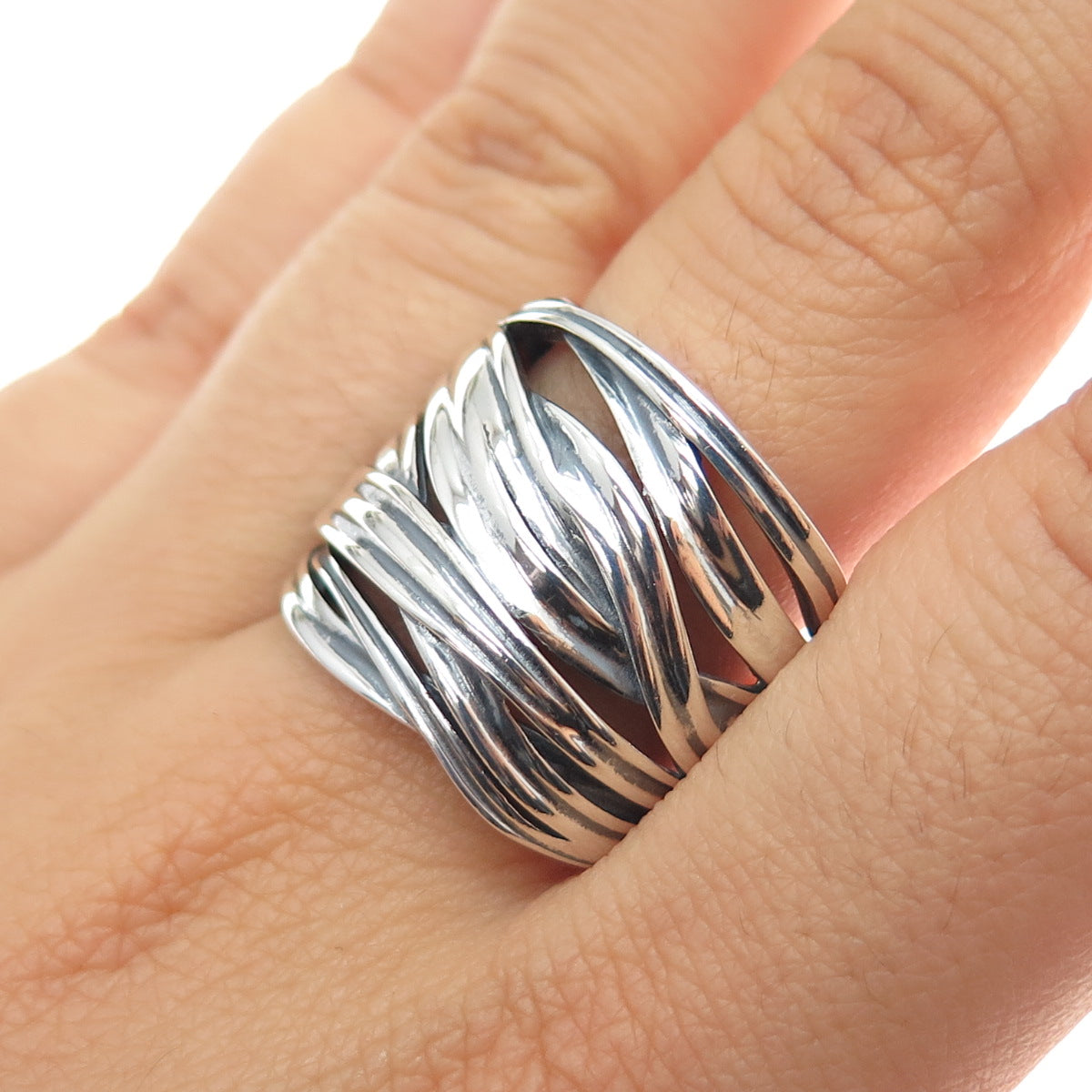 925 Sterling Silver Vintage Modernist Crisscross Oxidized Ring Size 9.25