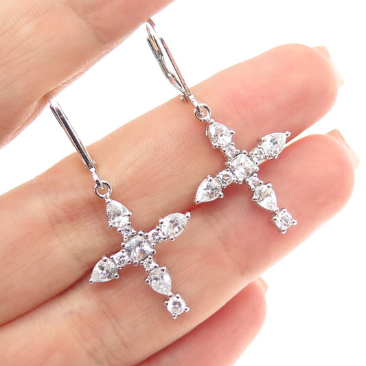 925 Sterling Silver Princess Pear & Round-Cut C Z Cross Dangle Earrings
