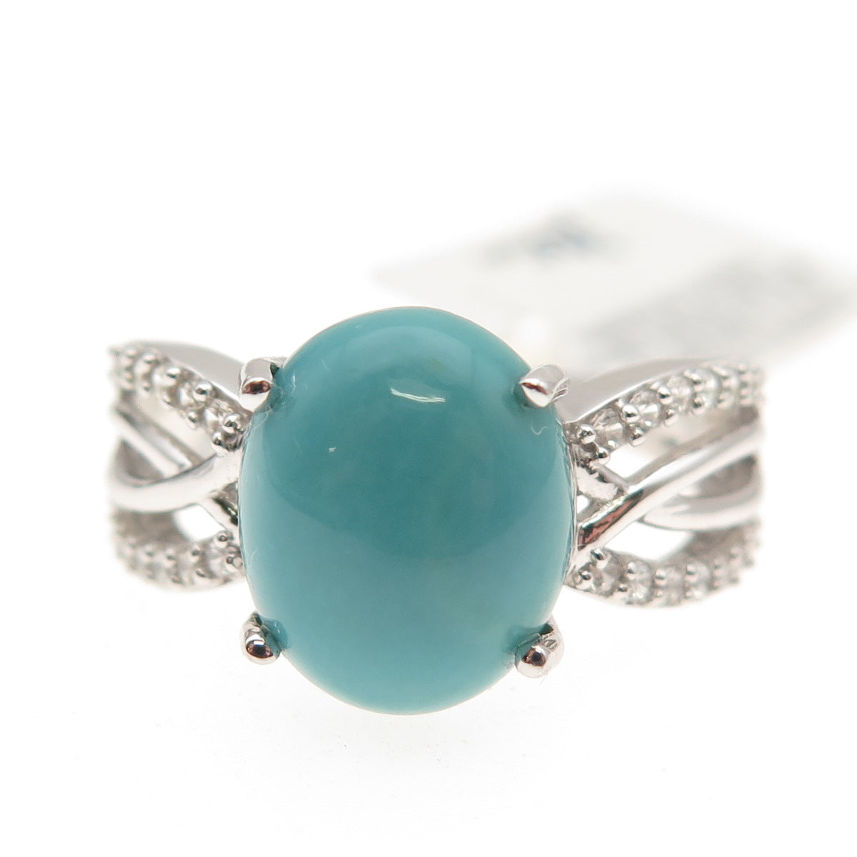 925 Sterling Silver Real Sleeping Beauty Turquoise & White Topaz Ring Size 8.25