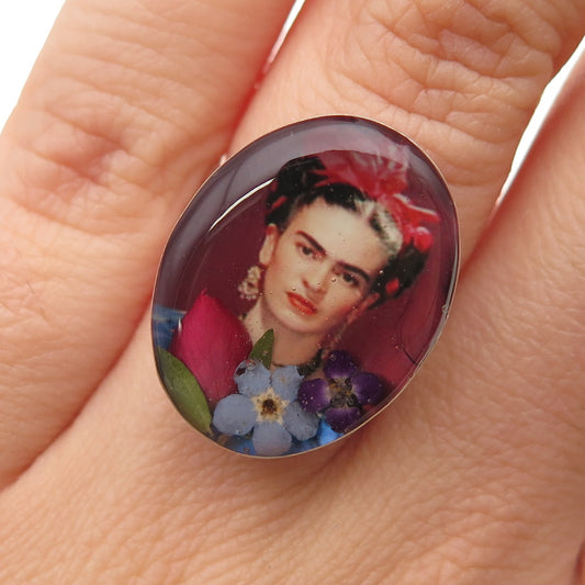 925 Sterling Silver Vintage Pressed Flower Frida Kahlo Portrait Ring Size 6