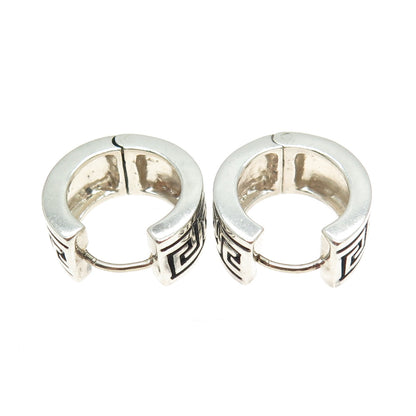 925 Sterling Silver Vintage Greek Maze Hinged Hoop Earrings