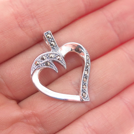 925 Sterling Silver Vintage Real Marcasite Heart Charm Pendant