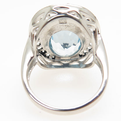 925 Sterling Silver Real Oval-Cut Blue Topaz Sunrise Oxidized Ring Size 7