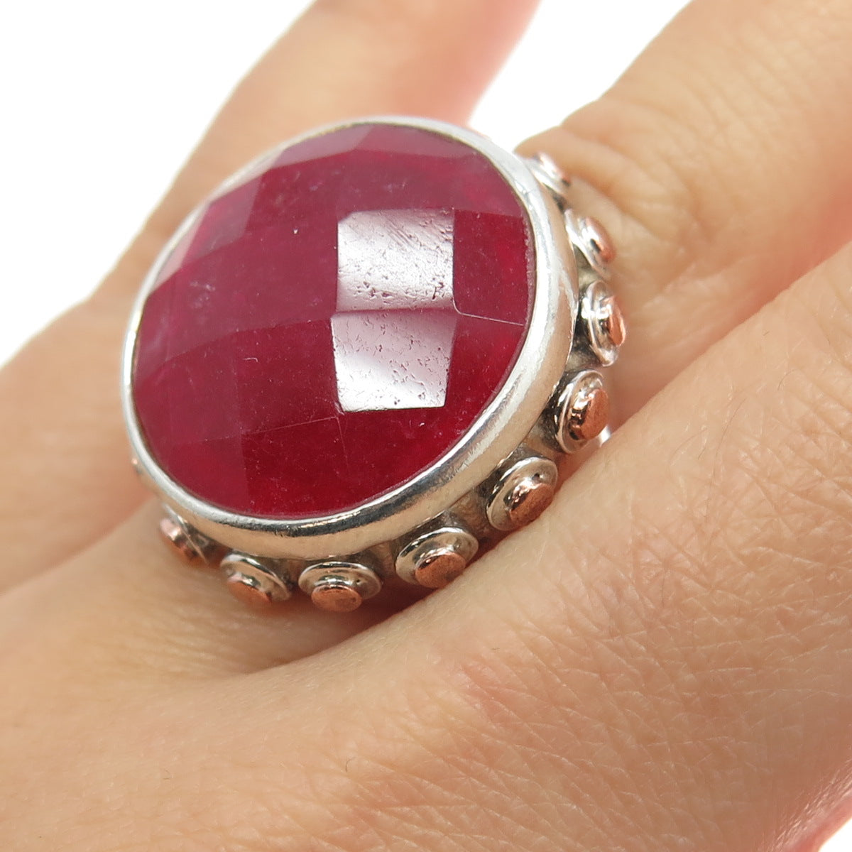 BARSE 925 Sterling Silver 2-Tone Vintage Real Ruby Statement Ring Size 6