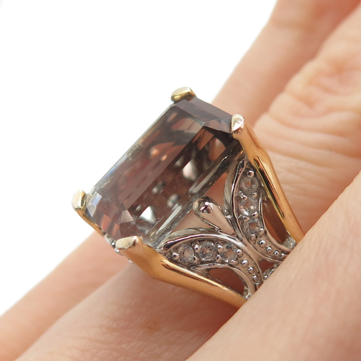 925 Sterling Silver 2-Tone Real Emerald-Cut Smoky Quartz White Topaz Ring Size 5