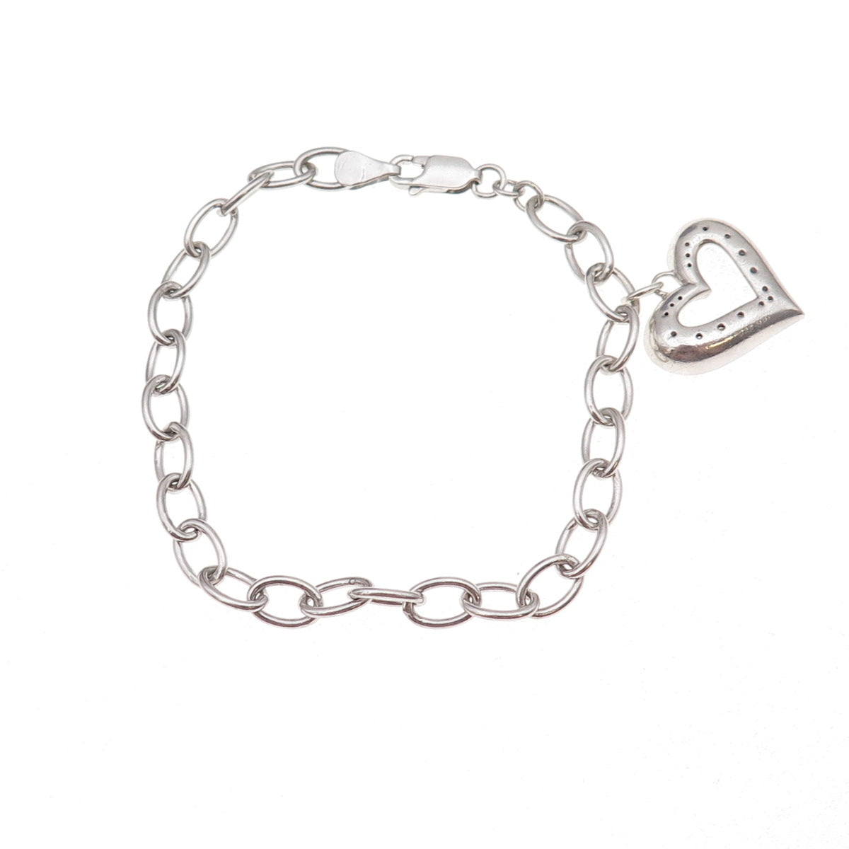 925 Sterling Silver Vintage Dangle Heart Oxidized Oval-Link Bracelet 7"