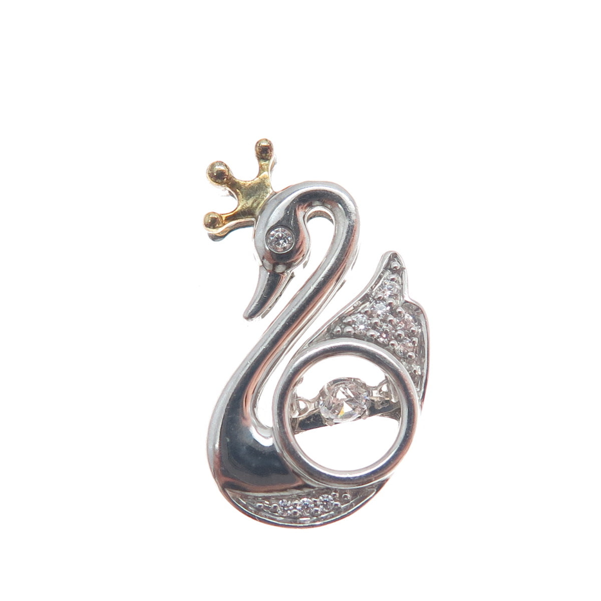 925 Sterling Silver 2-Tone Round-Cut Shaped C Z Swan w/Crown Slide Pendant