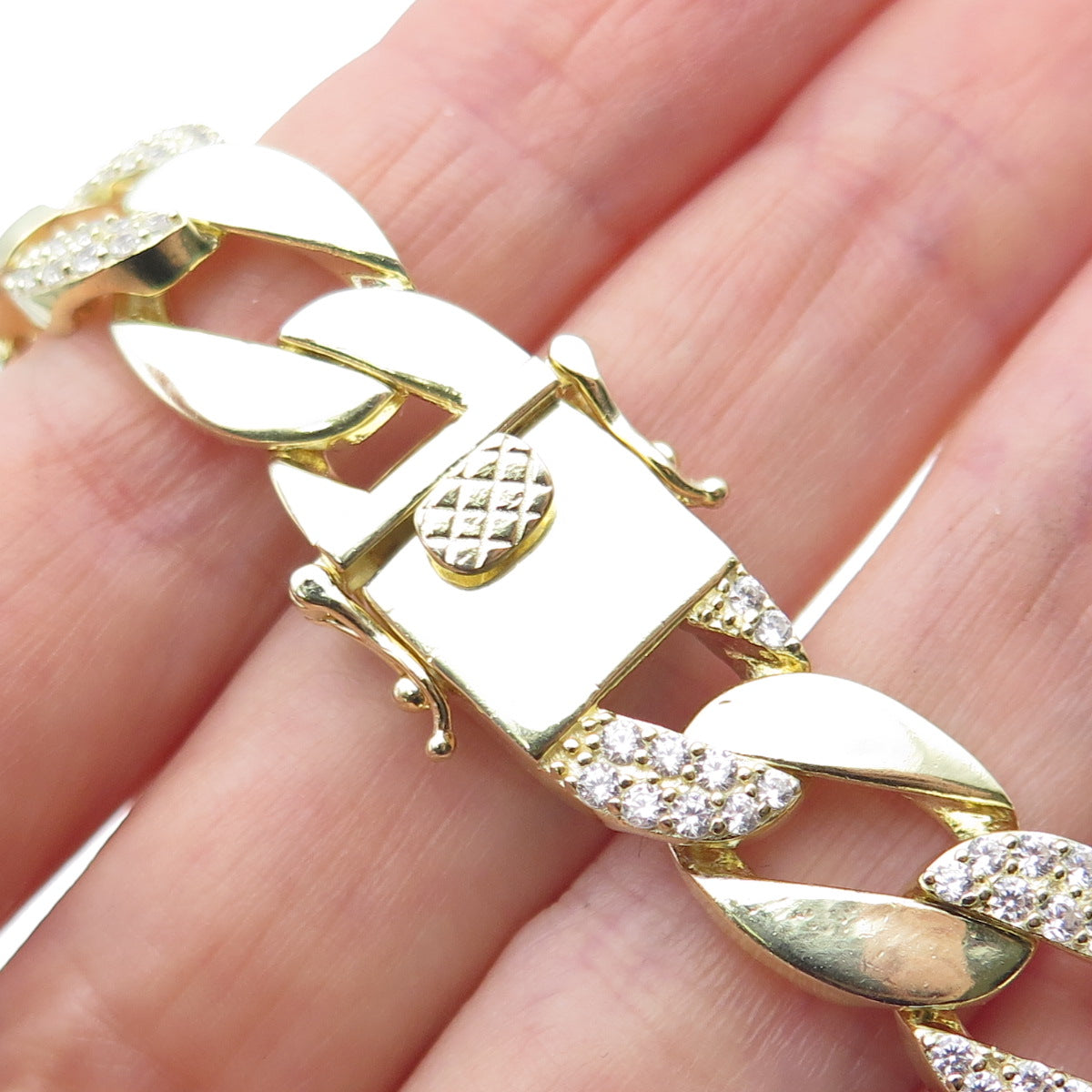 925 Sterling Silver Gold Plated Round-Cut C Z Curb Link Bracelet 8.5"