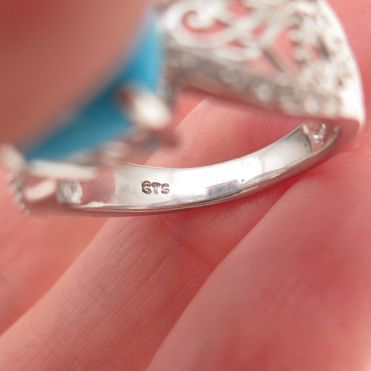 Chuck Clemency 925 Sterling Silver Real Turquoise & White Topaz Ring Size 8.25