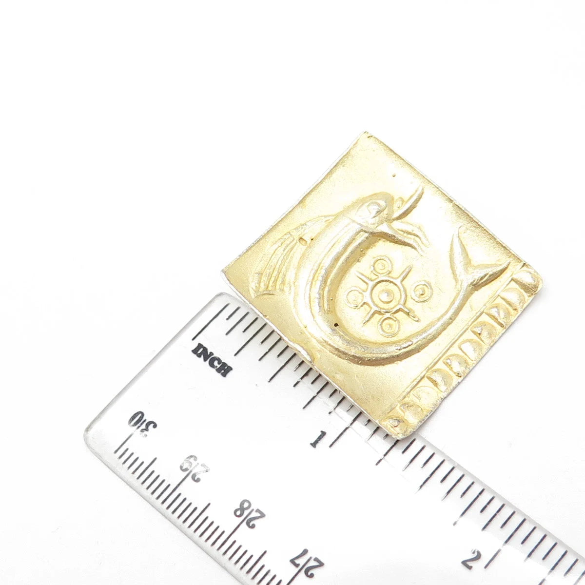 925 Sterling Silver Gold Plated Vintage Fish Symbol Square Pin Brooch