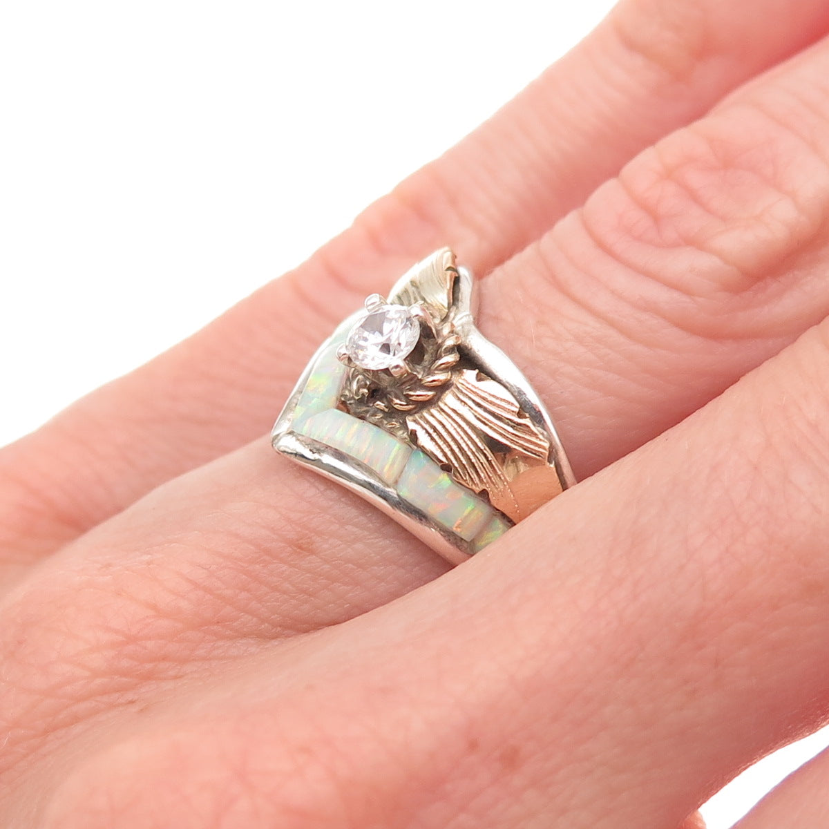 Silver Ray Navajo Old Pawn 925 Sterling 2-Tone Vintage Opal & C Z Ring Size 6