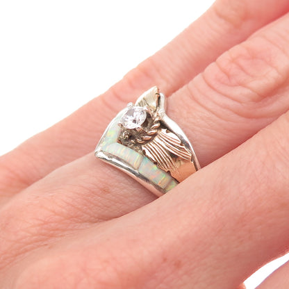 Silver Ray Navajo Old Pawn 925 Sterling 2-Tone Vintage Opal & C Z Ring Size 6