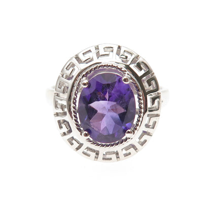 925 Sterling Silver Real Oval-Cut Amethyst Greek Key Ring Size 9