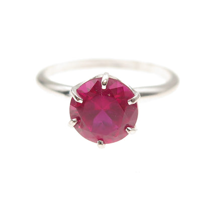 Uncas 925 Sterling Silver Vintage Round-Cut Lab-Created Ruby Ring Size 8