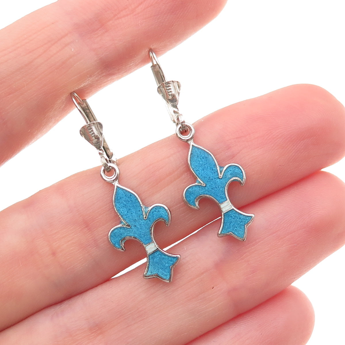 Breadner Co. 925 Sterling Silver Vintage Enamel Fleur de Lis Dangle Earrings