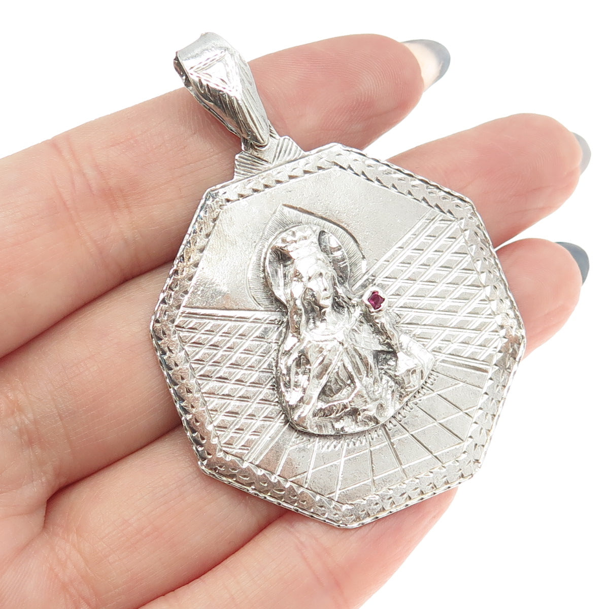 925 Sterling Silver Vintage Pink Rhinestone St. Barbara Religious Pendant