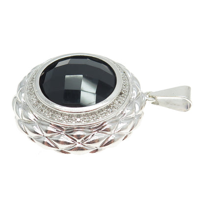 925 Sterling Silver Real Round-Cut Diamond & Black Onyx Round Pendant