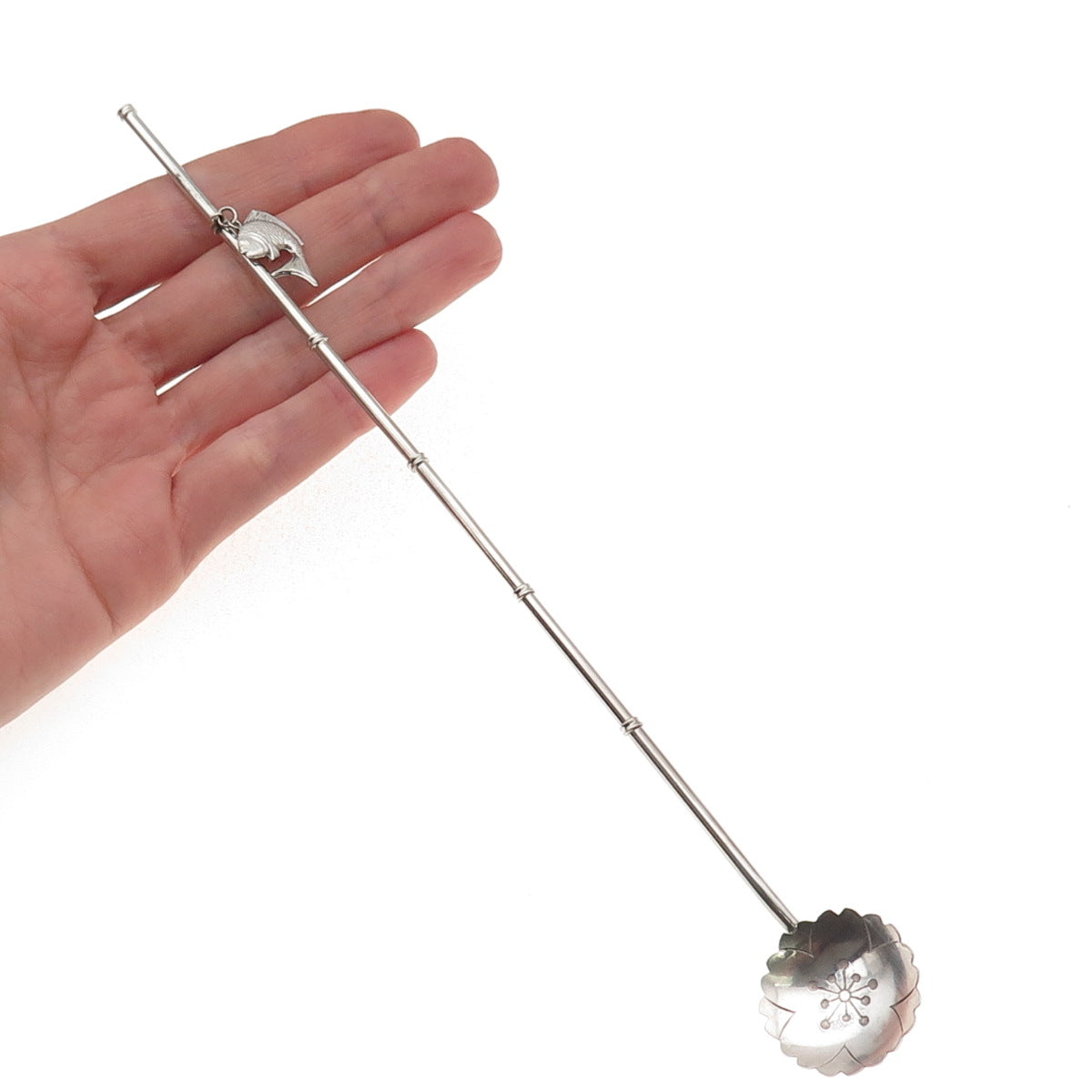 925 Sterling Silver Antique Japan Koi Fish Charm Bamboo Iced Tea Straw Spoon