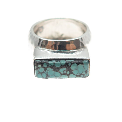 925 Sterling Silver Vintage Real Peacock Turquoise Hammered Finish Ring Size 7.5
