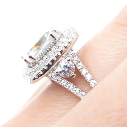 925 Sterling Silver Cushion & Round-Cut C Z Engagement Ring Size 7