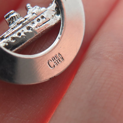 CREA 925 Sterling Silver Antique SS Mariposa Ship Round Charm Pendant