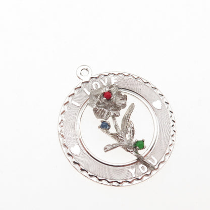 Elco 925 Sterling Silver Vintage Rhinestone I Love You Flower Charm Pendant