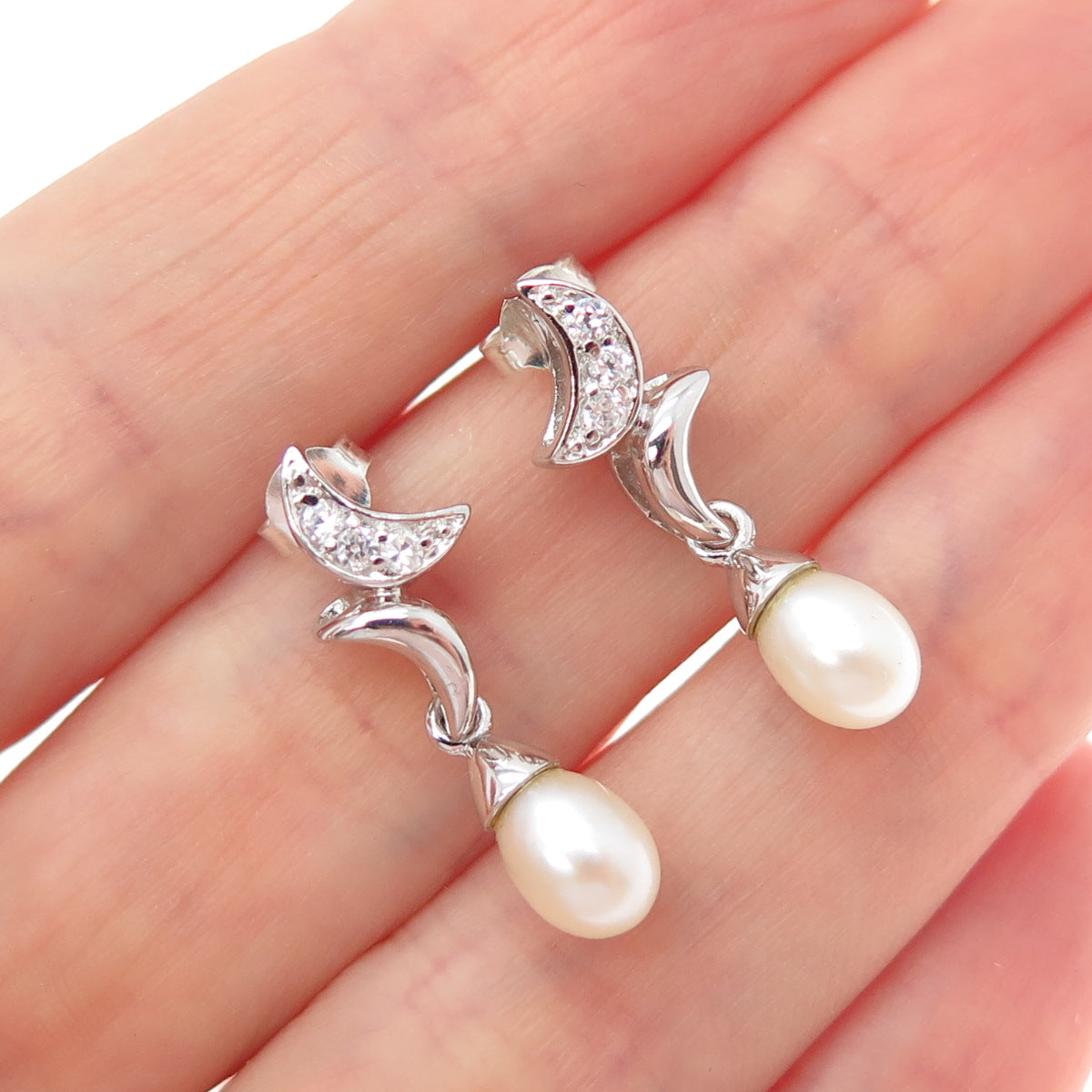 925 Sterling Silver Real Pearl & Round-Cut C Z Crescent Dangle Earrings