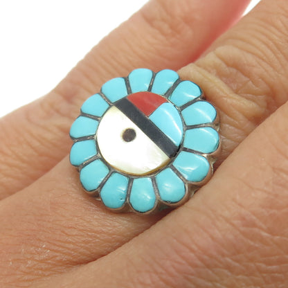 Old Pawn Zuni Sterling Silver Turquoise Coral Onyx MOP Sun Tribal Ring Size 4.5