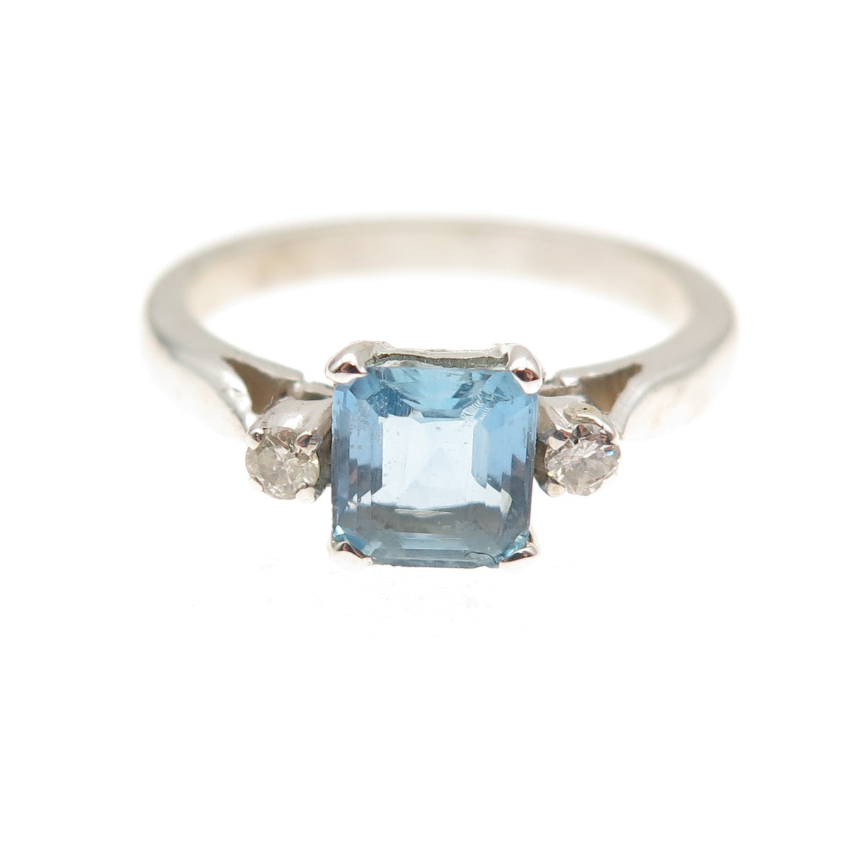 925 Sterling Silver Vintage Real Diamond & Aquamarine Ring Size 5.75