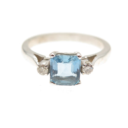 925 Sterling Silver Vintage Real Diamond & Aquamarine Ring Size 5.75