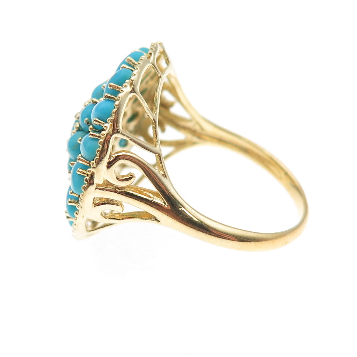 925 Sterling Silver Gold Plated Real Turquoise Floral Cluster Ring Size 9.25