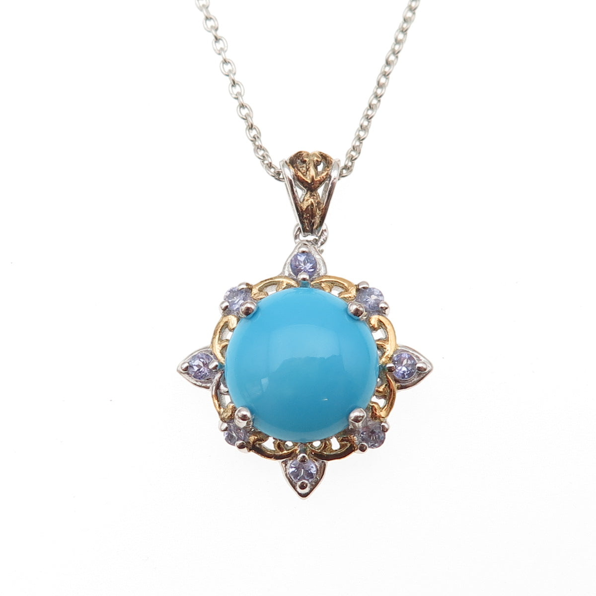 Chuck Clemency 925 Sterling Silver 2-Tone Real Turquoise Tanzanite Necklace 20"