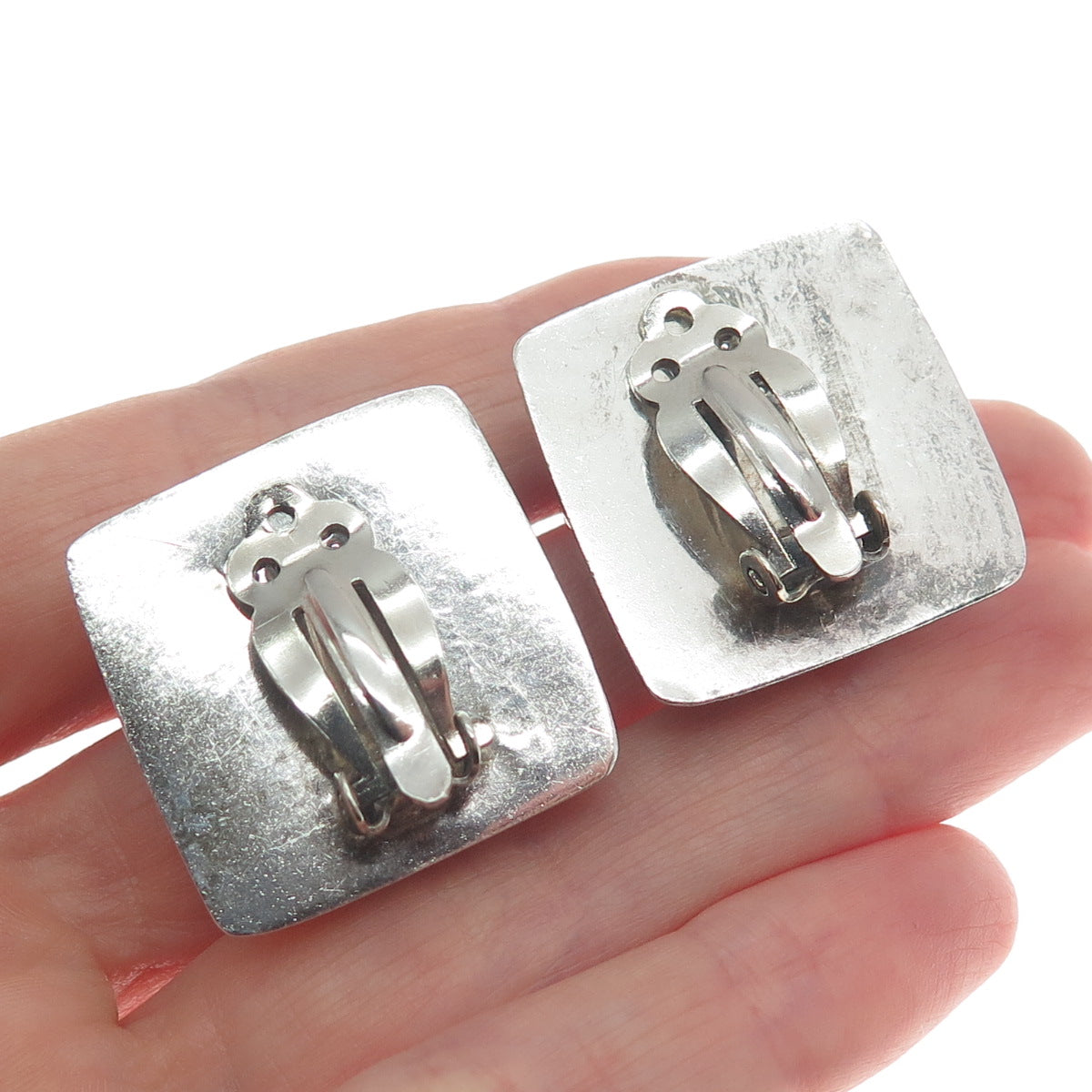 925 Sterling Silver Vintage Mexico Modernist Oxidized Clip On Earrings