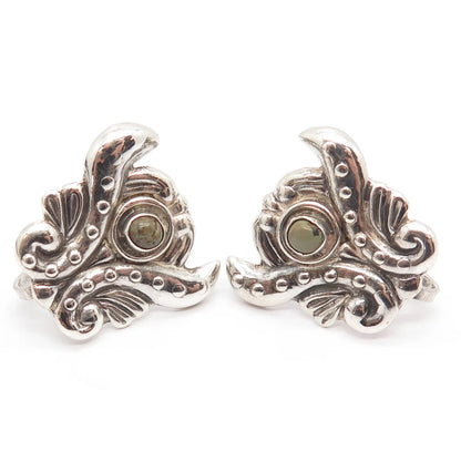 925 Sterling Silver Vintage Mexico Real Turquoise Gem Ornate Screw Back Earrings