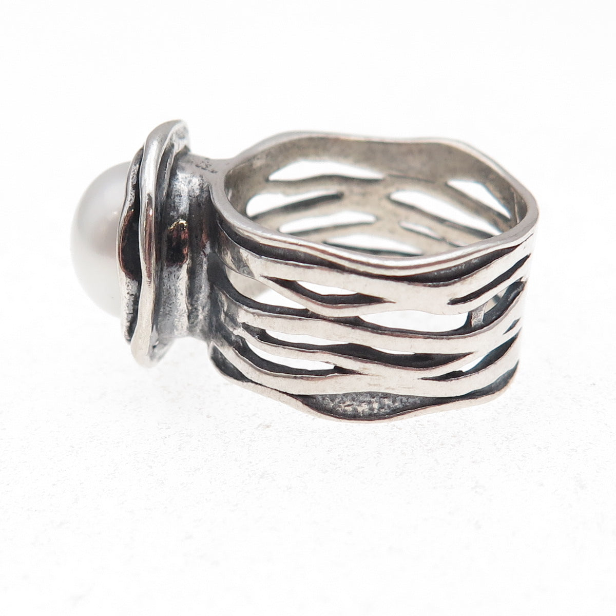 925 Sterling Silver Vintage Israel Real Pearl Modernist Oxidized Ring Size 7