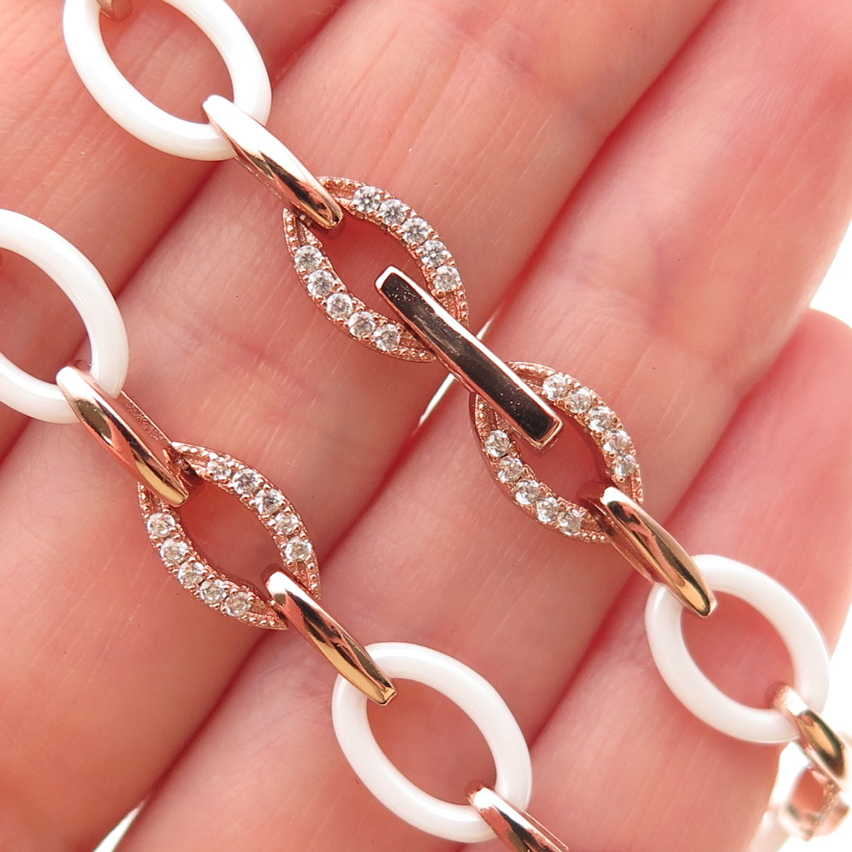 925 Sterling Silver & Ceramic Rose Gold Plated C Z Oval Chain Necklace 16"