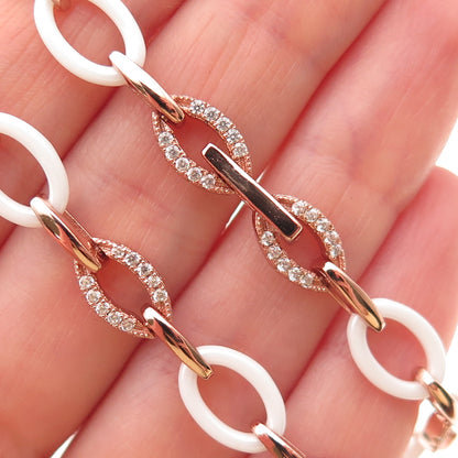925 Sterling Silver & Ceramic Rose Gold Plated C Z Oval Chain Necklace 16"