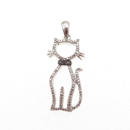 Jane Seymour 925 Sterling Silver Real Black & White Diamond Cat Charm Pendant