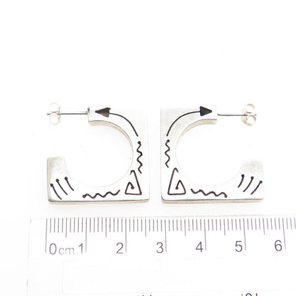 925 Sterling Silver Vintage Mexico Tribal Symbol Square Hoop Earrings