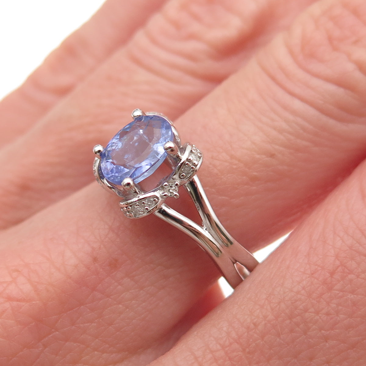 925 Sterling Silver Real Diamond & Tanzanite Floral Ring Size 8.25
