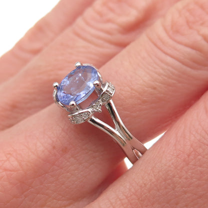 925 Sterling Silver Real Diamond & Tanzanite Floral Ring Size 8.25
