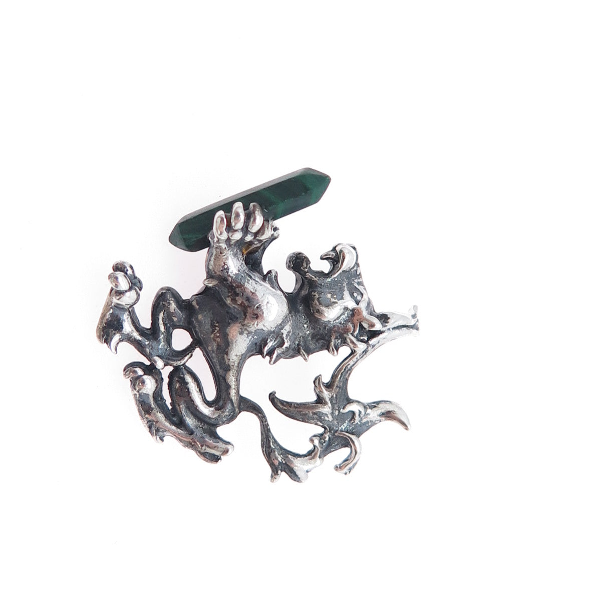 925 Sterling Silver Vintage Real Malachite Royal Lion Slide Charm Pendant