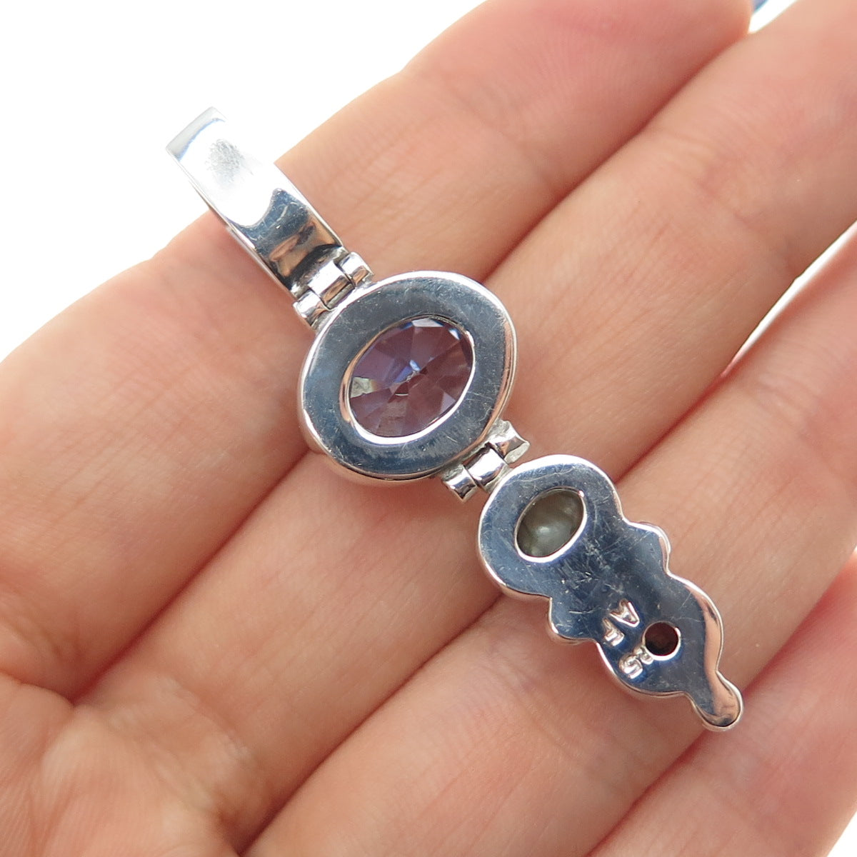 AF DESIGN 925 Sterling Silver Vintage Real Pearl & Lavender C Z Charm Pendant