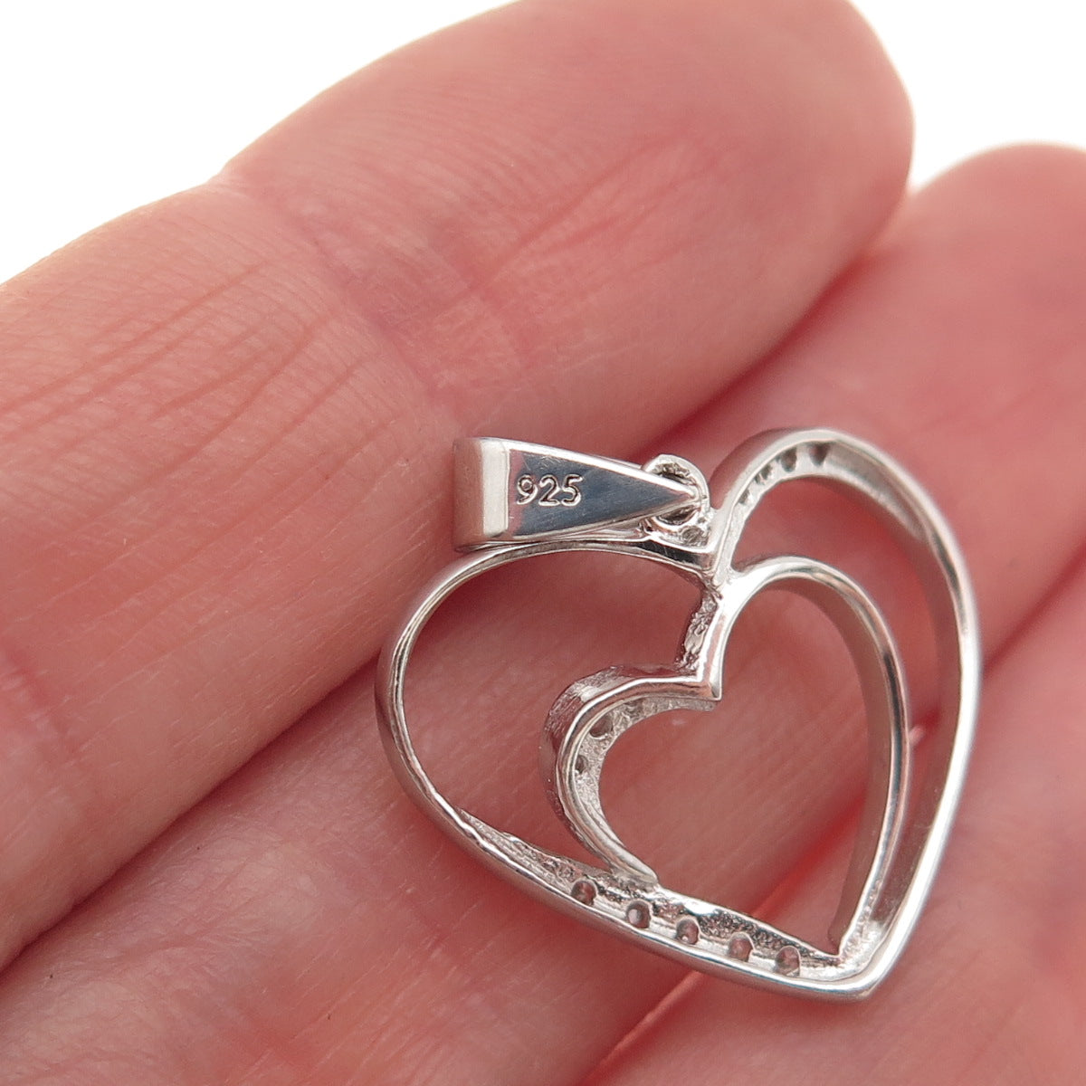 925 Sterling Silver Round-Cut C Z Double Heart Mini Charm Pendant