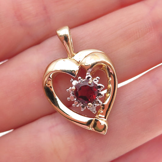 925 Sterling Silver Gold Plated Real Diamond Accent & Red Garnet Heart Pendant