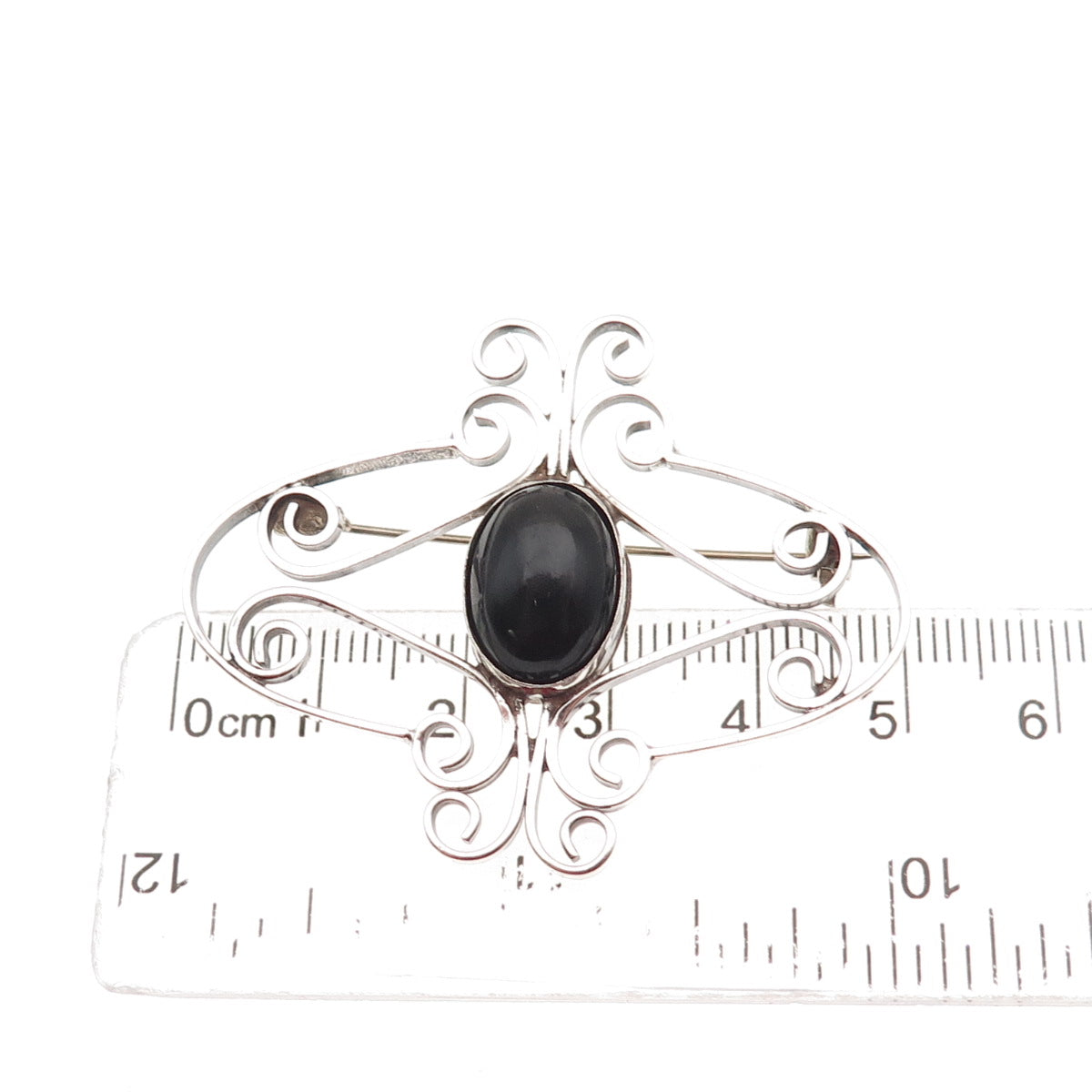 925 Sterling Silver Vintage Mexico Real Black Onyx Swirl Oxidized Pin Brooch