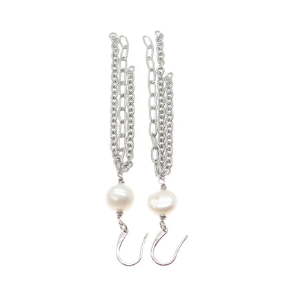 925 Sterling Silver Vintage Italy Real Baroque Pearl Tassel Dangle Earrings