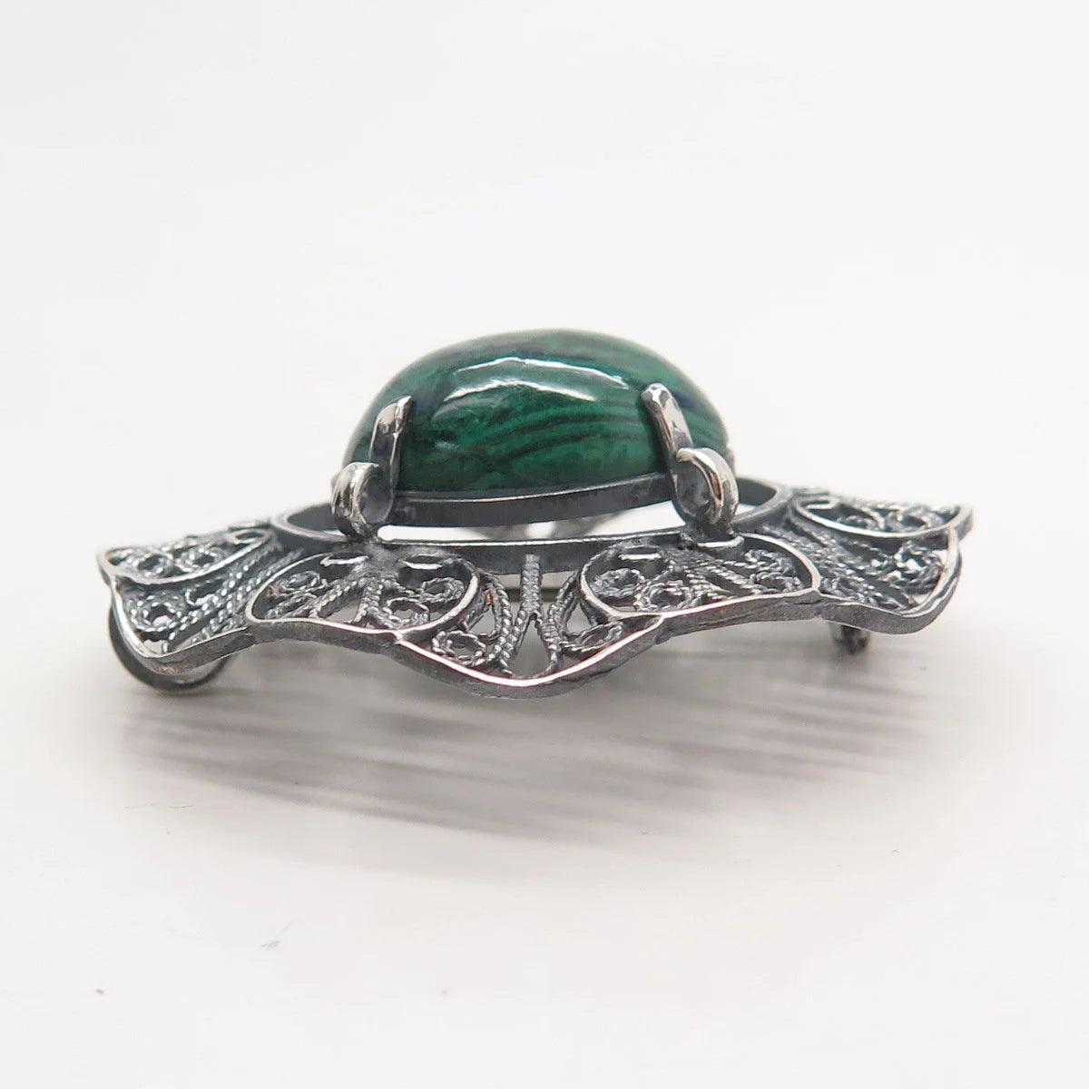 925 Sterling Silver Vintage Real Chrysocolla Gemstone Filigree Brooch / Pendant