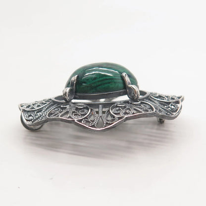 925 Sterling Silver Vintage Real Chrysocolla Gemstone Filigree Brooch / Pendant